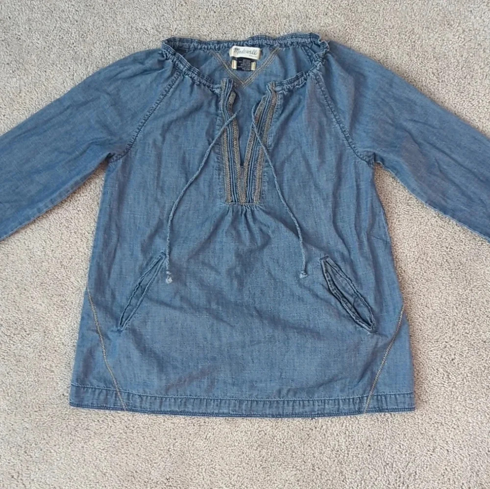 Madewell Blue Denim Chambray Embroidered Tie Neck Blouse Top Size S Boho - Picture 3 of 8